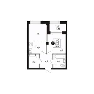 2-к квартира, вторичка, 35м2, 8/17 этаж