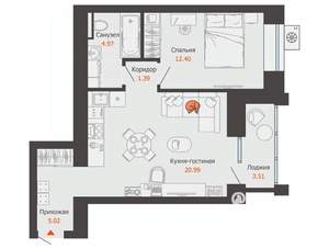 1-к квартира, вторичка, 47м2, 2/9 этаж