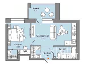 1-к квартира, строящийся дом, 43м2, 7/8 этаж