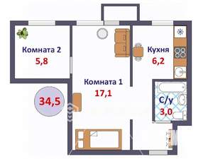 2-к квартира, вторичка, 35м2, 4/4 этаж