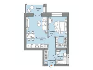 1-к квартира, строящийся дом, 46м2, 6/6 этаж