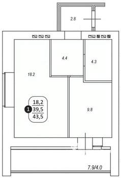 1-к квартира, вторичка, 43м2, 8/10 этаж