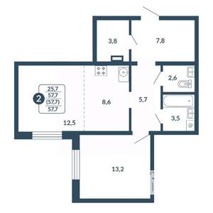 2-к квартира, вторичка, 58м2, 8/17 этаж