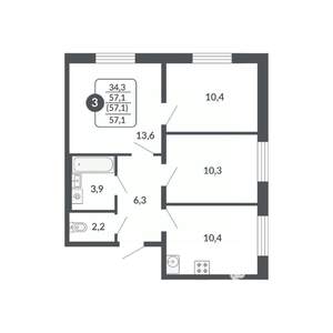 3-к квартира, вторичка, 57м2, 7/17 этаж