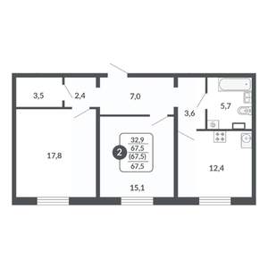 2-к квартира, вторичка, 68м2, 16/17 этаж
