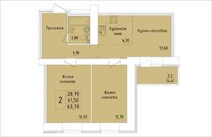 2-к квартира, строящийся дом, 64м2, 4/15 этаж