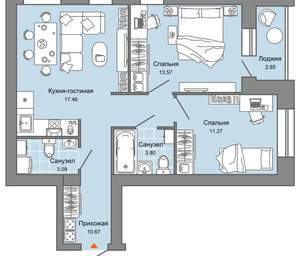 3-к квартира, вторичка, 63м2, 3/8 этаж