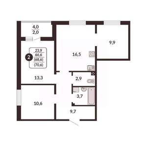 2-к квартира, вторичка, 69м2, 2/14 этаж