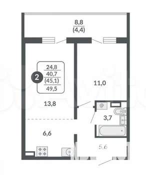 2-к квартира, вторичка, 45м2, 8/15 этаж