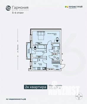 2-к квартира, строящийся дом, 56м2, 5/6 этаж
