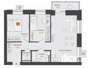 2-к квартира, вторичка, 61м2, 4/7 этаж