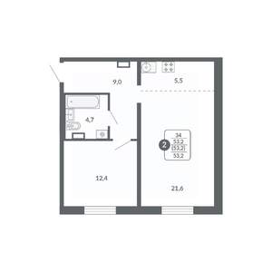 2-к квартира, вторичка, 53м2, 8/17 этаж
