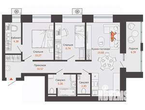 2-к квартира, вторичка, 65м2, 7/9 этаж