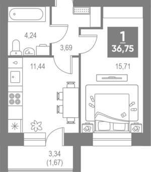1-к квартира, вторичка, 37м2, 3/4 этаж