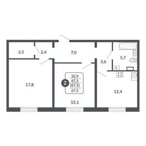 2-к квартира, вторичка, 68м2, 8/17 этаж