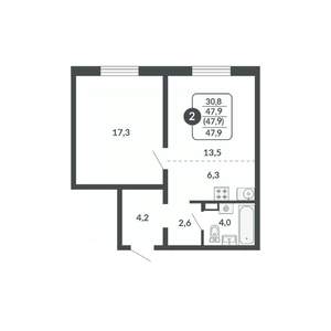 2-к квартира, строящийся дом, 48м2, 2/17 этаж