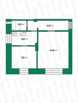 2-к квартира, вторичка, 35м2, 2/2 этаж