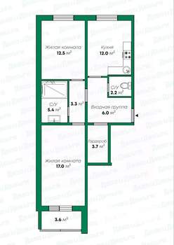 2-к квартира, вторичка, 62м2, 12/16 этаж