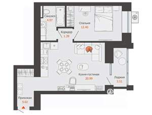 1-к квартира, вторичка, 47м2, 9/12 этаж