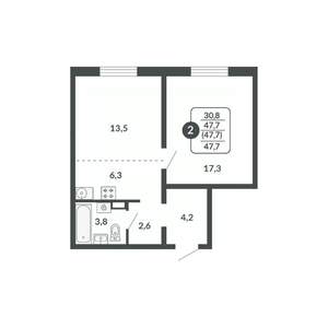 2-к квартира, вторичка, 48м2, 8/17 этаж