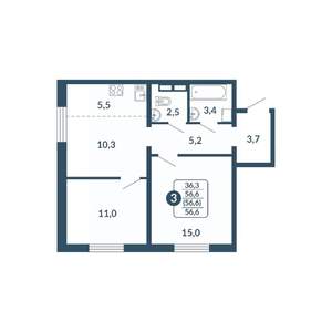 3-к квартира, вторичка, 57м2, 16/17 этаж