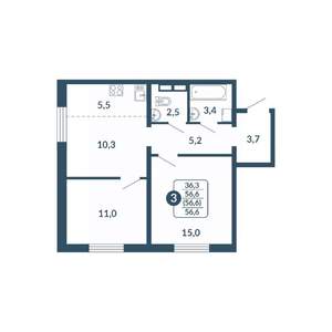 3-к квартира, вторичка, 57м2, 15/17 этаж