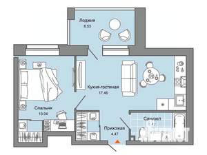 1-к квартира, строящийся дом, 43м2, 6/8 этаж