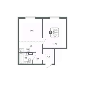 2-к квартира, вторичка, 48м2, 6/17 этаж