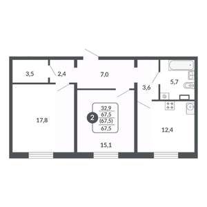 2-к квартира, вторичка, 68м2, 4/17 этаж
