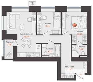 2-к квартира, вторичка, 65м2, 7/12 этаж