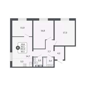 4-к квартира, вторичка, 83м2, 16/17 этаж