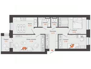 3-к квартира, вторичка, 75м2, 6/6 этаж