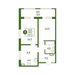 3-к квартира, вторичка, 53м2, 1/17 этаж