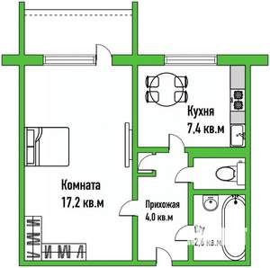 1-к квартира, вторичка, 34м2, 1/9 этаж
