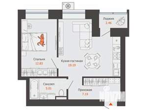 1-к квартира, вторичка, 45м2, 4/9 этаж