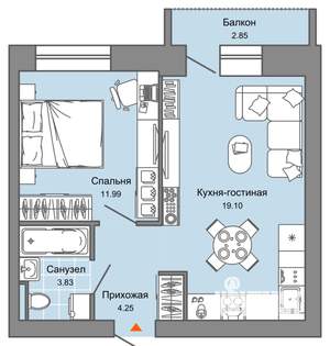 2-к квартира, вторичка, 40м2, 3/6 этаж