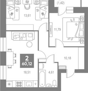1-к квартира, вторичка, 60м2, 4/4 этаж
