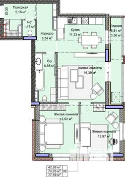 3-к квартира, строящийся дом, 78м2, 6/10 этаж