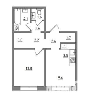 2-к квартира, вторичка, 42м2, 9/16 этаж
